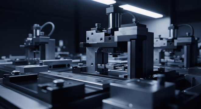 Close up of a precision mechanical fixture and pneumatic cylinder on an automated assembly line, high tech industrial manufacturing machinery concept