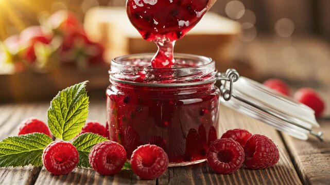 Fresh Raspberry Jam Being Spread from a Jar with Berries