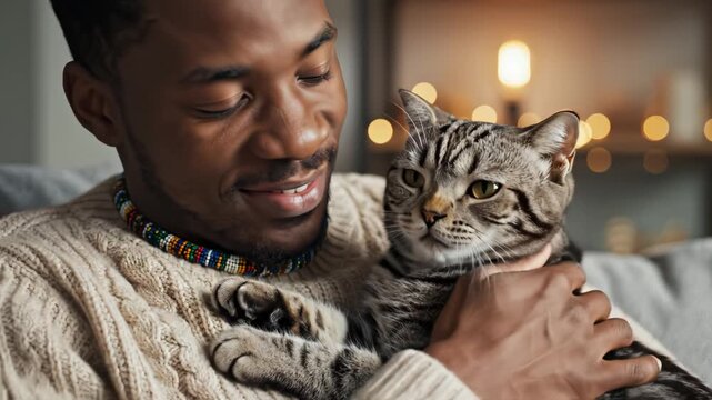 Man holding a cat indoors