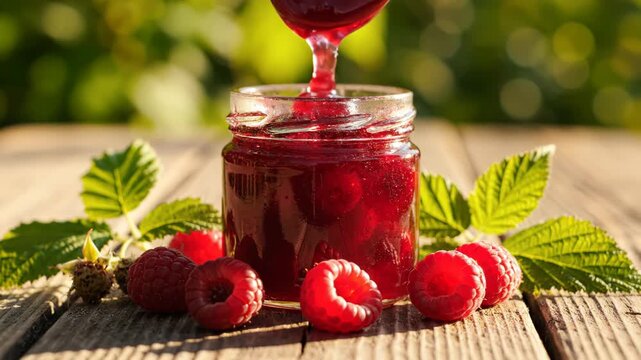 Fresh raspberry jam in glass jar with ripe berries and green leaves