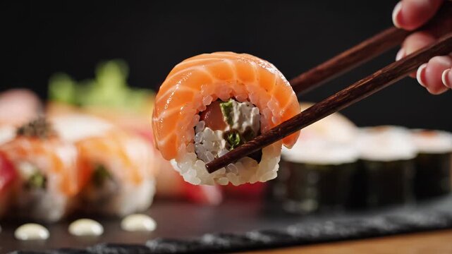 Fresh Sushi Assortment with Chopsticks on Black Slate Platter