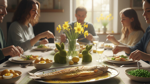 Spring Easter Dinner Table with Fresh Trout Dish