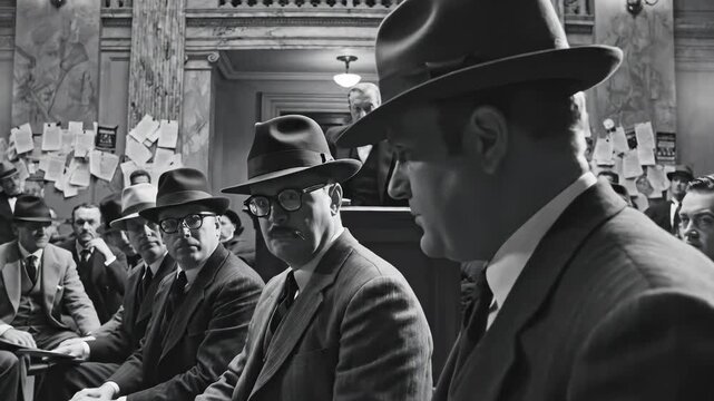Group of men in suits and hats in a formal meeting