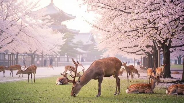 Majestic deer standing under blooming cherry blossoms