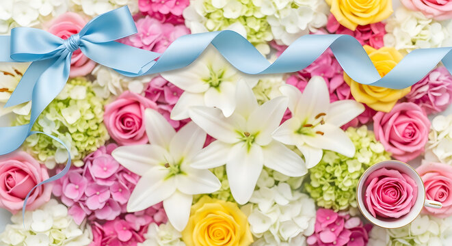 Vibrant floral arrangement with white lilies pink roses and blue ribbon