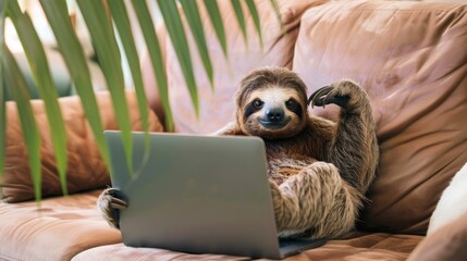Fototapeta premium A sloth sits comfortably on a couch, using a laptop. The scene is relaxed and cozy, with green leaves in the background.