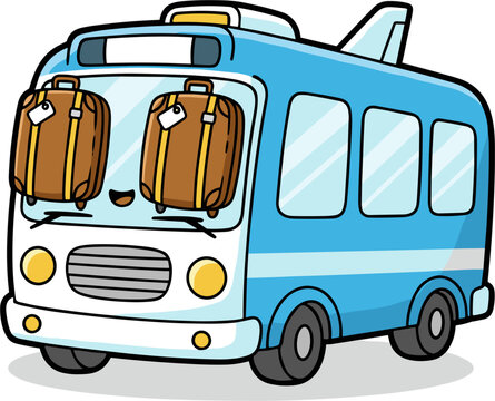 Cute Blue 2D Vector Airport Shuttle Bus Character with Luggage Ready for Travel