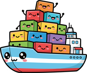 Naklejka premium Cute Cartoon Cargo Ship Stacked High With Happy Colorful Shipping Containers