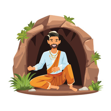 Man seated in a cave opening smiling and gesturing
