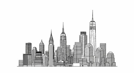 Obraz premium Ink sketch of iconic city skyscrapers against a white background, detailed outline