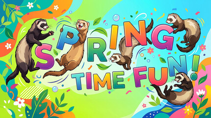 Fototapeta premium National Ferret Day Springtime Fun Colorful Cartoon Ferrets Playing Celebration Banner Cute Pet Holiday Poster Kids Friendly Animal Illustration
