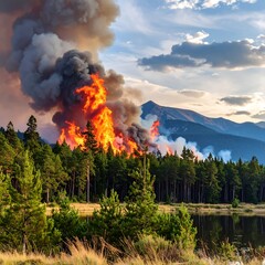 Fototapeta premium Wildfire Devastation - Flames Engulf Forest Landscape with Mountain Backdrop.