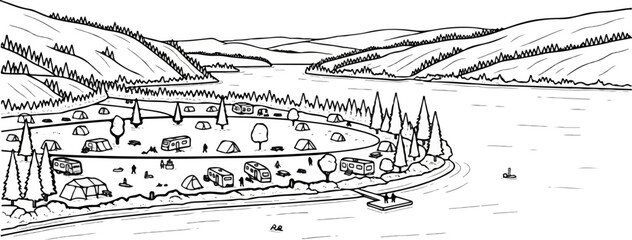 Fototapeta premium Lakeside campground scene with tents, RVs, trees, rolling hills, and calm water