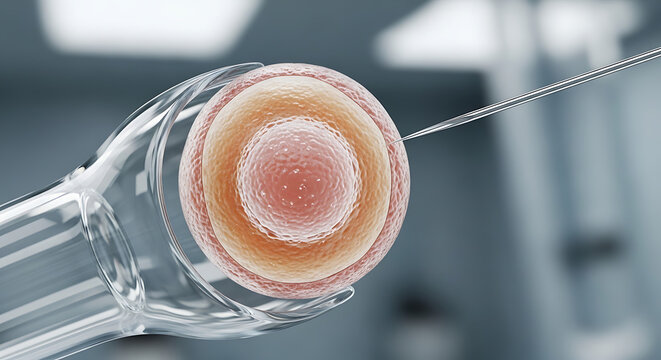 Microscopic 3D Rendering of Human Ovum Cell Undergoing In Vitro Fertilization with Precision Needle Injection for Artificial Insemination Medical Procedure Illustration