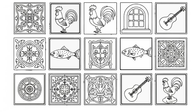 A collage of fifteen framed black and white illustrations roosters, fish, guitars, shields, tiles, window