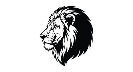 Majestic lion head in black and white illustration with detailed mane and whiskers on plain background © Shovon