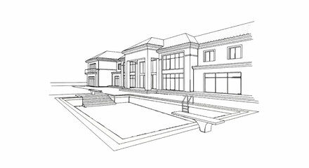A detailed architectural sketch of a grand multi-story residence with a swimming pool