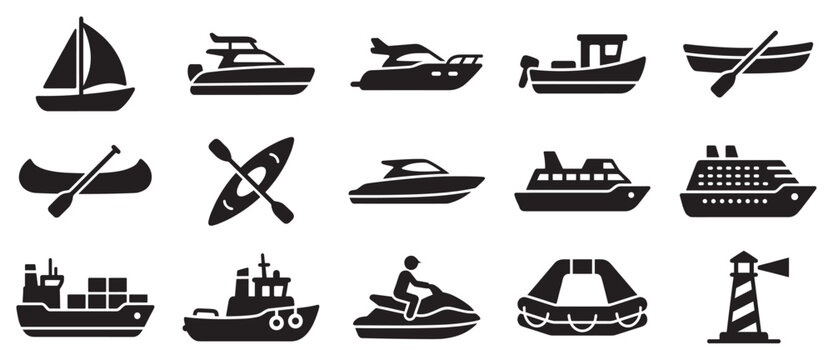 Various water transportation vehicles and navigation icons collection illustrating different types of boats, ships, and maritime elements.