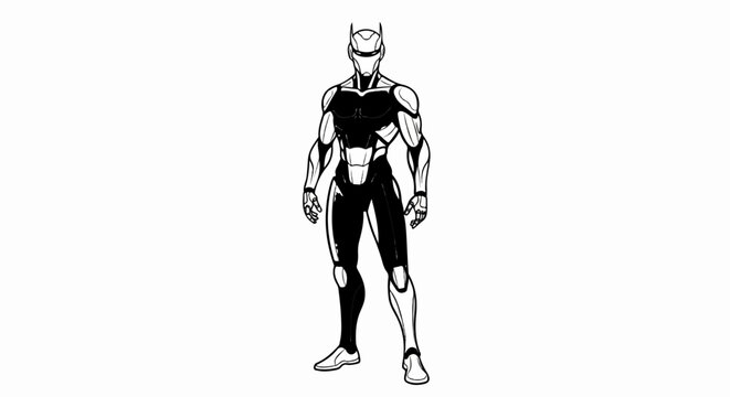 A detailed illustration of a futuristic android with a black and white body, standing