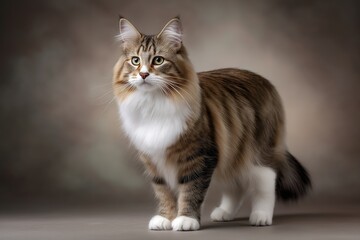Fototapeta premium Professional studio shot of a Norwegian Forest cat standing on a textured surface with soft side lighting