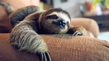 Fototapeta premium A close-up of a sloth resting on a brown couch. The sloth has a relaxed expression and is surrounded by a cozy indoor environment.
