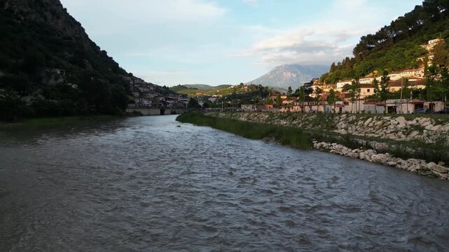 Berat Albania 4K Drone Footage - Historic Ottoman City with Tiled Roof Houses, Osum River and Mountains Background, UNESCO Old Town Aerial View