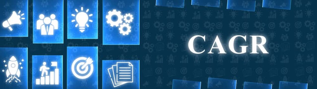 Blue Gradient Banner With Business Icons And The Word CAGR In White Glowing Text cagr growth