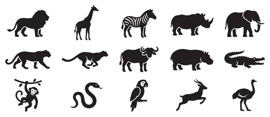 Fototapeta premium African wild animals silhouettes collection featuring various safari creatures like lions, elephants, giraffes, and zebras, perfect for wildlife themes.