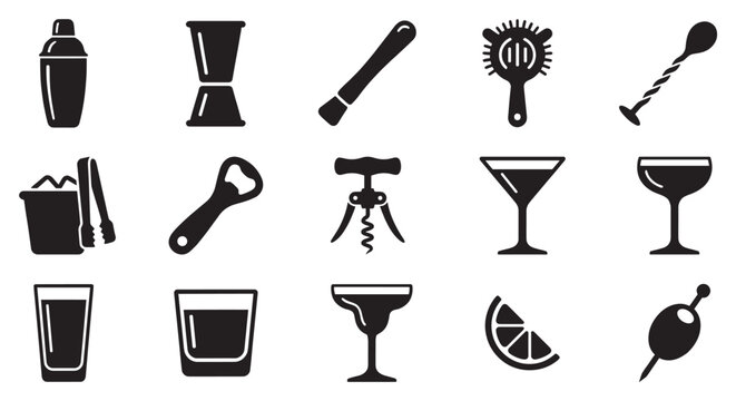 Bartending tools and cocktail glasses icon set featuring various essential equipment for mixing and serving drinks.