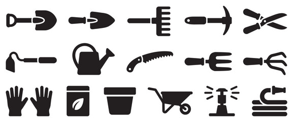 Comprehensive collection of gardening tools and equipment icons for various outdoor and planting tasks, essential for garden maintenance.