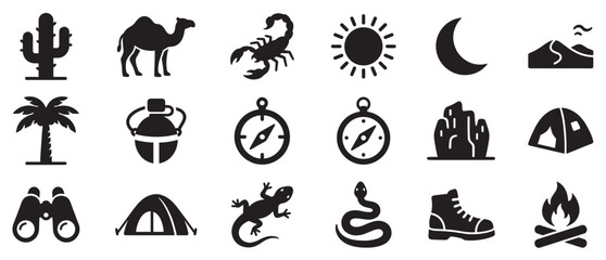 Fototapeta premium Desert adventure icons collection featuring various symbols of travel, exploration, and wildlife in arid landscapes.