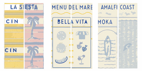 Colorful illustrated menu designs featuring italian and coastal themes © Uttam
