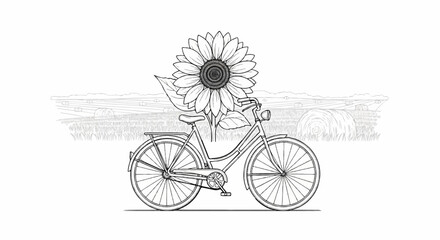 Fototapeta premium Sketch of a bicycle with a sunflower in front of a rural field of hay bales