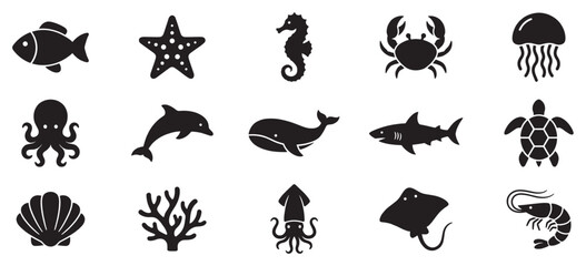 Fototapeta premium Sea animals and marine life icons collection featuring various ocean creatures and underwater elements in a simple silhouette style.