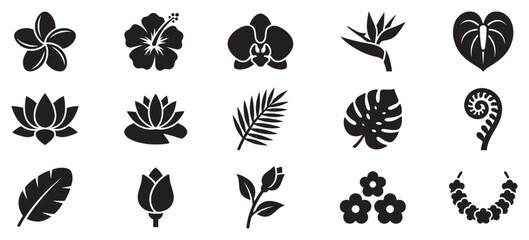 Obraz premium Tropical flowers and leaves icons in a beautiful collection of botanical silhouettes perfect for various design projects.