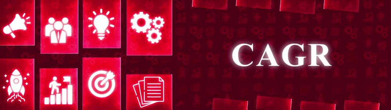 Red Gradient Banner With Business Icons And The Word CAGR In White Glowing Text cagr growth