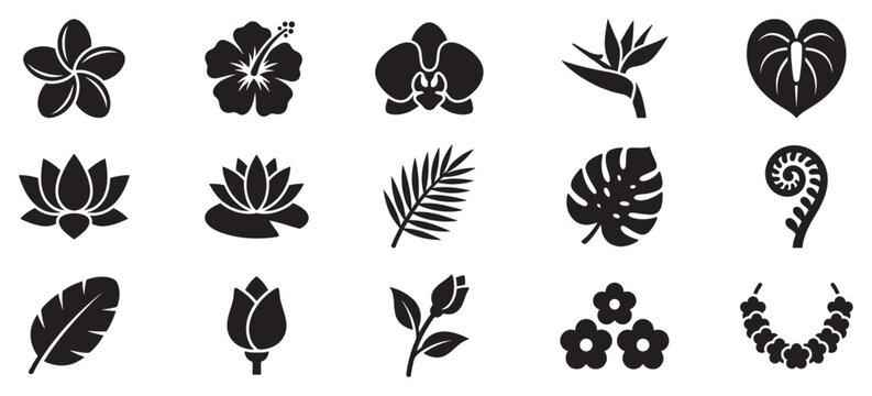 Tropical flowers and leaves icons in a beautiful collection of botanical silhouettes perfect for various design projects.
