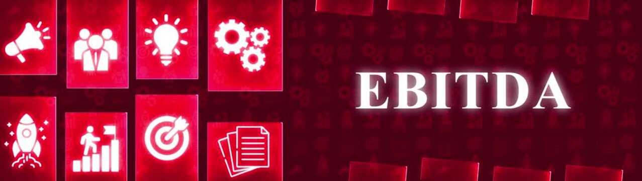 EBITDA financial metric concept with glowing icons and dark red background pattern EBITDA earnings before interest taxes depreciation amortization