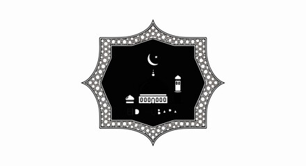 Decorative star frame featuring Islamic mosque, crescent moon, and Eid Mubarak text
