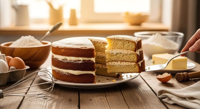Homemade Layered Cake on Rustic Kitchen Table