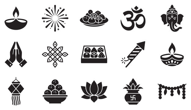 Indian festival celebration icons set featuring traditional symbols of Diwali and Hindu culture for various designs.