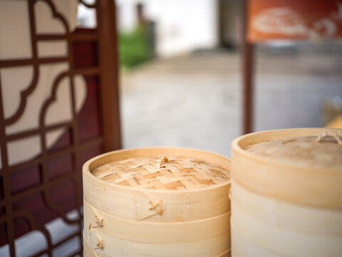 Bamboo steamer by ancient window