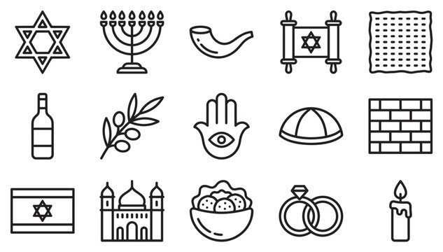 Jewish symbols and icons representing religious culture are presented as a comprehensive collection of outline illustrations.