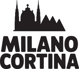 Obraz premium Milano cortina winter sports emblem with skyline of milanese cathedral and mountain peak range