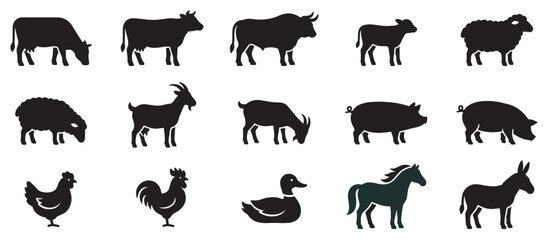 Fototapeta premium Farm animal silhouettes collection featuring various livestock and poultry species such as cows, sheep, goats, pigs, chickens, ducks, horses, and donkeys.