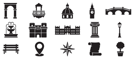 Fototapeta premium Travel and architecture icons set in a clean, modern, and versatile silhouette style for various design projects.