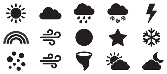 Naklejka premium Weather icons collection featuring various meteorological symbols and atmospheric phenomena like sun, clouds, rain, snow, and wind.