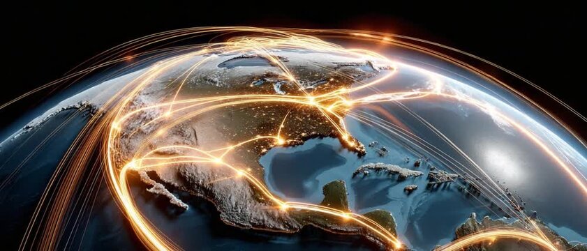 Global Network Connectivity: The world's continents are interconnected by glowing digital lines, symbolizing the modern web of communications, transportation, and technological advancement.