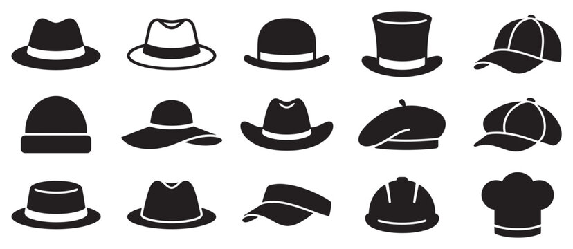 Different types of hats and headwear icons collection in a black silhouette style representing various fashion and professional head coverings.