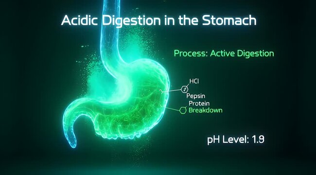 3D Medical Illustration of Acidic Digestion Process in Human Stomach. Showing HCl, Pepsin, Protein Breakdown, and Low pH Level for Health Science Concepts